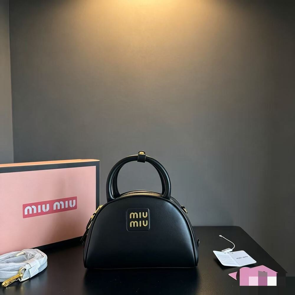 Miu Miu Black Leather Mini Top Handle Bag Gold Logo with Strap